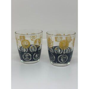 VTG Whiskey Glass US & International Coins Black Gold Circa 1960'S Set of 2